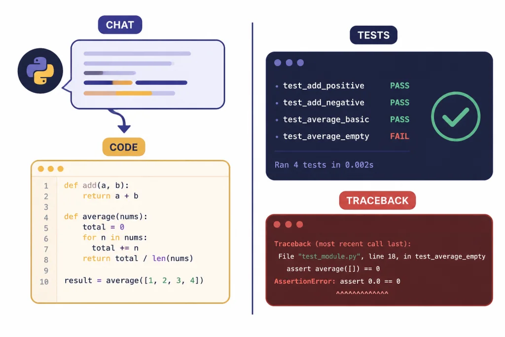 Split workspace with cards labeled CHAT, CODE, TESTS, and TRACEBACK.