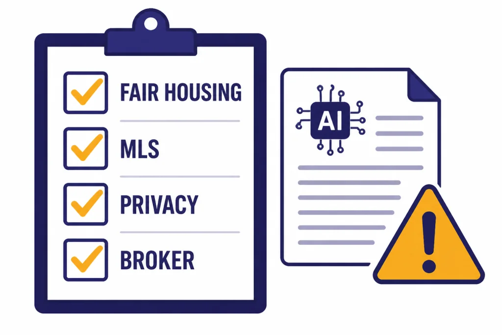 Compliance checklist labeled FAIR HOUSING, MLS, PRIVACY, and BROKER beside an AI text sheet.
