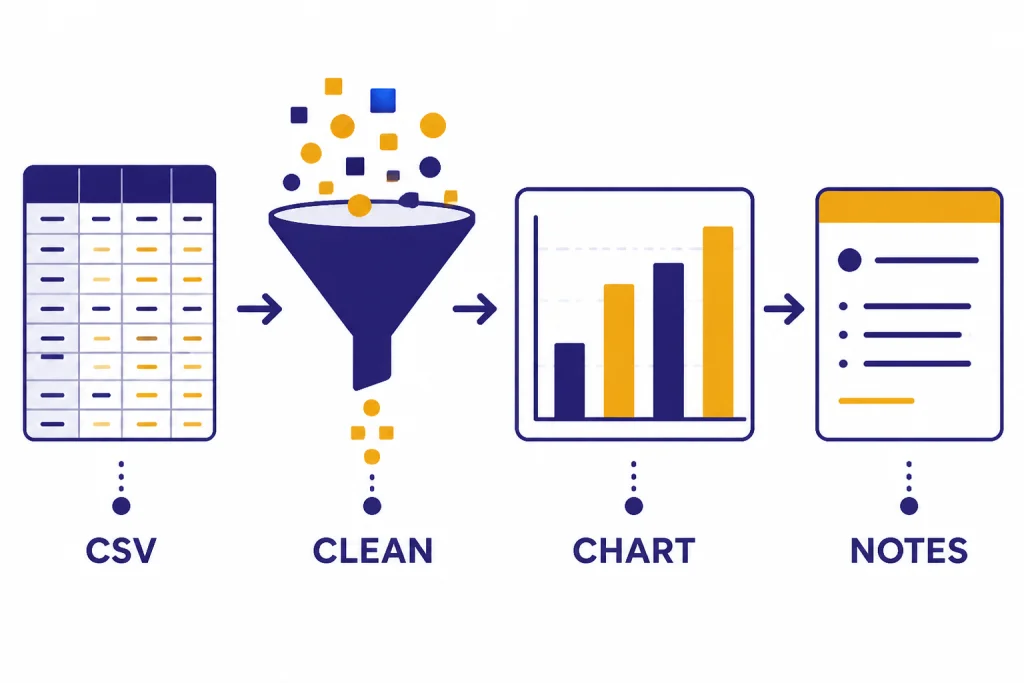 Data pipeline labeled CSV, CLEAN, CHART, and NOTES from spreadsheet to chart and notes card.