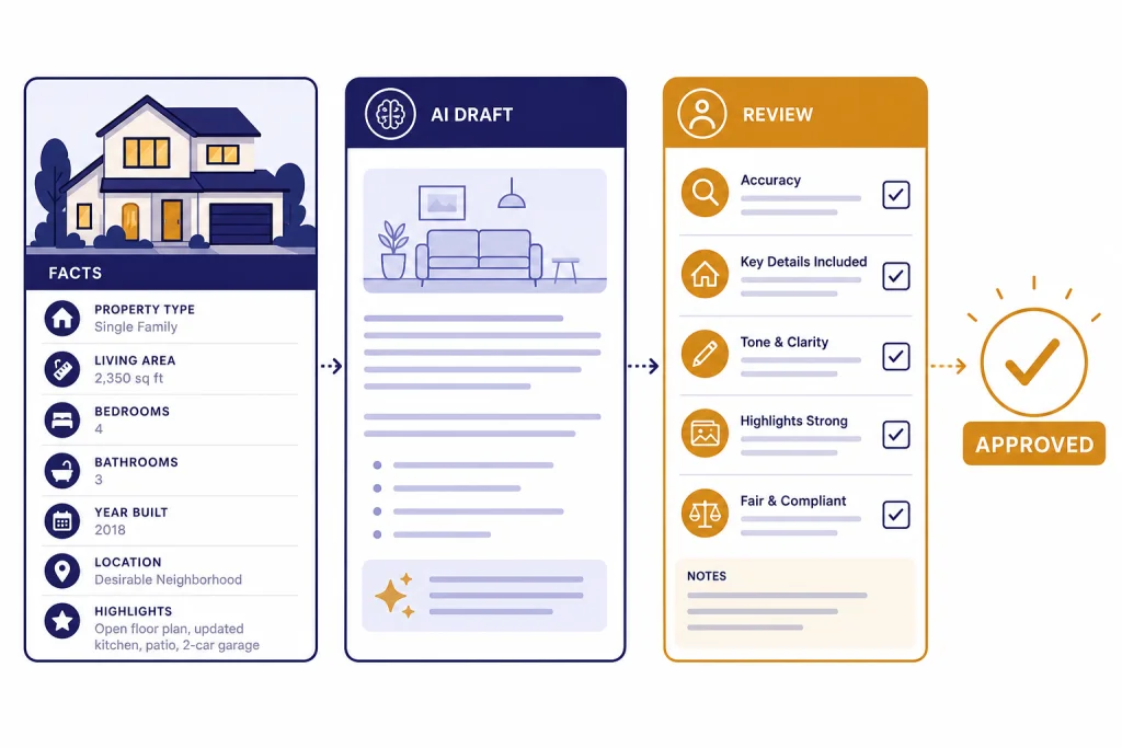 Real Estate AI Review Workflow Real estate review dashboard labeled FACTS, AI DRAFT, REVIEW, and APPROVED across three panels.