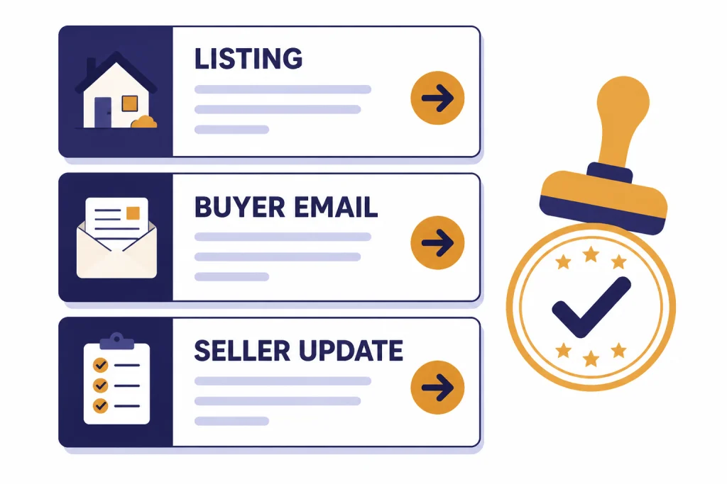 Three prompt cards labeled LISTING, BUYER EMAIL, and SELLER UPDATE with arrows and a review stamp.