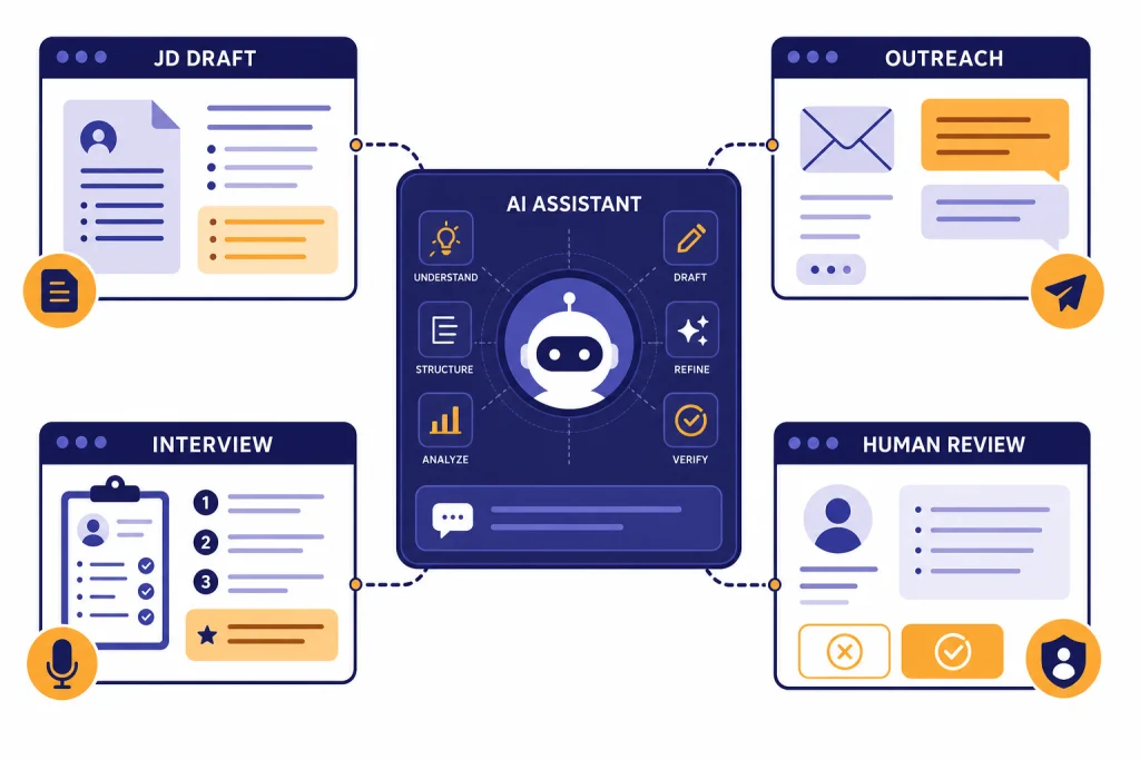 Recruiting AI Workflow Recruiting dashboard with stations labeled JD DRAFT, OUTREACH, INTERVIEW, and HUMAN REVIEW.
