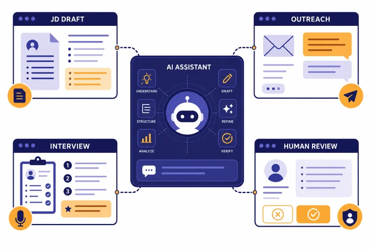 Recruiting dashboard with stations labeled JD DRAFT, OUTREACH, INTERVIEW, and HUMAN REVIEW.