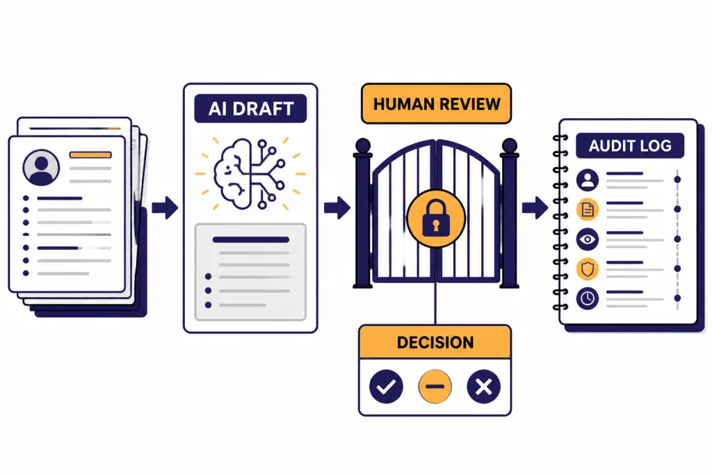 Compliance flow labeled AI DRAFT, HUMAN REVIEW, DECISION, and AUDIT LOG with a locked review gate.