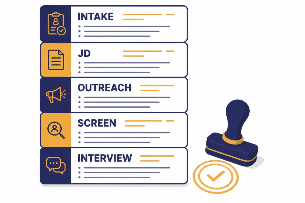 Prompt library board with template cards labeled INTAKE, JD, OUTREACH, SCREEN, and INTERVIEW.