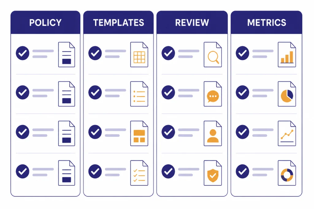 Checklist dashboard with four columns labeled POLICY, TEMPLATES, REVIEW, and METRICS.
