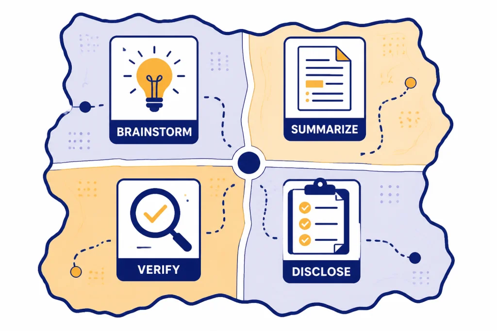 Research Use Boundaries Four research boundary cards labeled BRAINSTORM, SUMMARIZE, VERIFY, and DISCLOSE.
