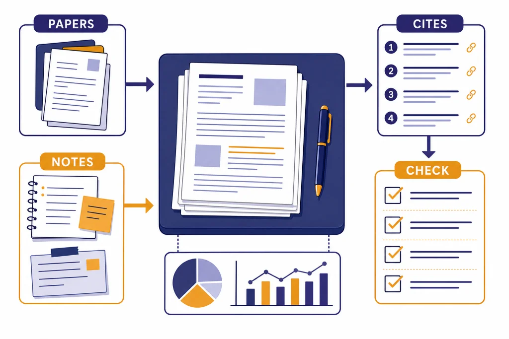 Verified Research Workflow Research desk diagram with papers, notes, citations, and checklist labels PAPERS, NOTES, CITES, CHECK.