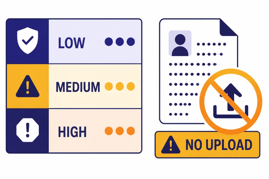 Research Privacy Triage Privacy triage matrix with bands LOW, MEDIUM, HIGH and a warning tag labeled NO UPLOAD.