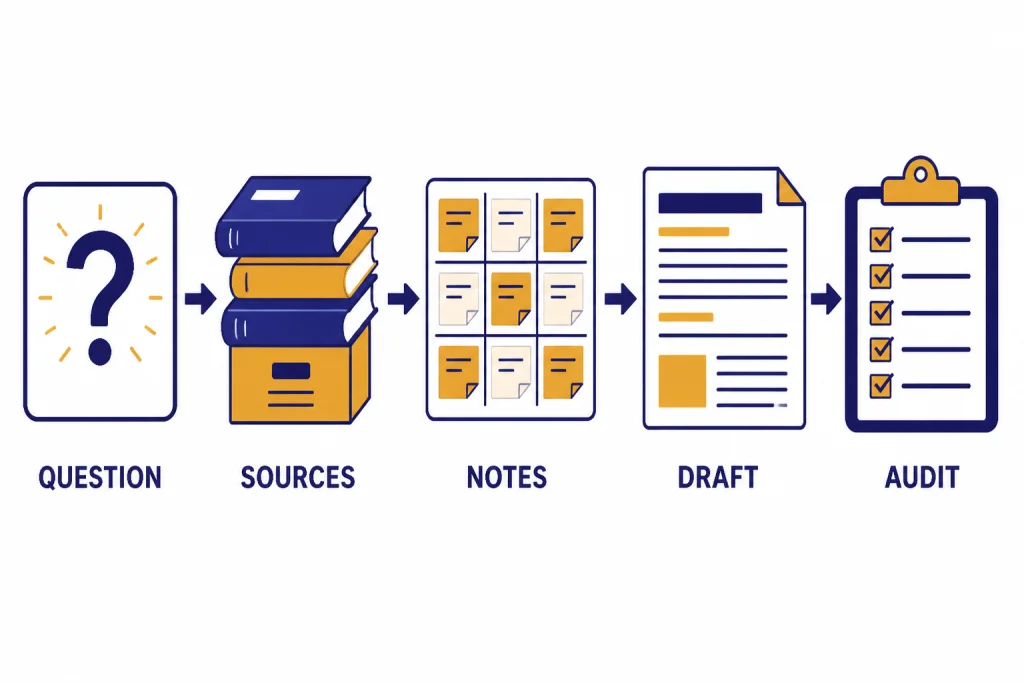 Five-step workflow labeled QUESTION, SOURCES, NOTES, DRAFT, and AUDIT with arrows between steps.
