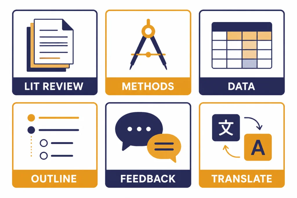 Six task cards labeled LIT REVIEW, METHODS, DATA, OUTLINE, FEEDBACK, and TRANSLATE.