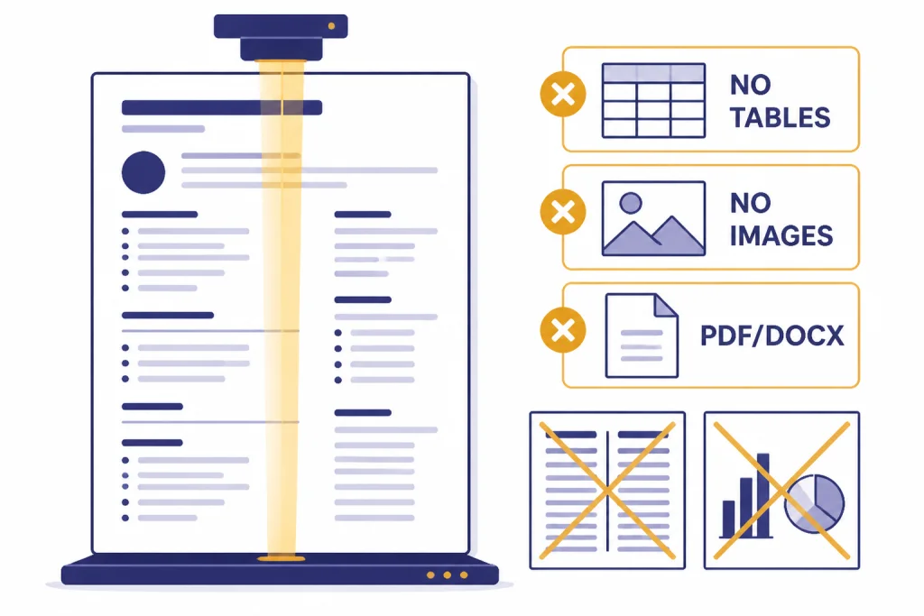 Single-column resume scan with tiles labeled NO TABLES, NO IMAGES, and PDF/DOCX.