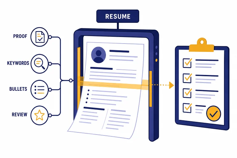 Resume sheet moving through a scanner with labels RESUME, PROOF, KEYWORDS, and REVIEW.