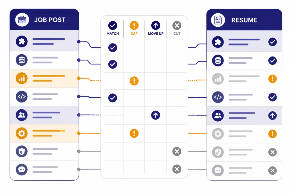 Job post and resume columns connected through a grid labeled MATCH, GAP, MOVE UP, and CUT.