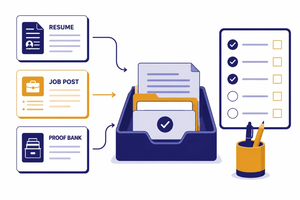 Three input cards labeled RESUME, JOB POST, and PROOF BANK feeding into a checklist tray.