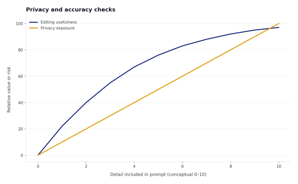 Line chart: Editing usefulness levels off while Privacy exposure rises steadily as prompt detail increases.