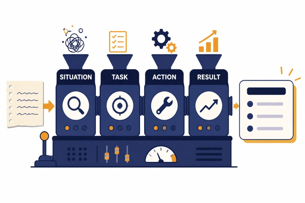 STAR Bullet Builder Four-step bullet machine labeled SITUATION, TASK, ACTION, and RESULT ending in a resume bullet card.