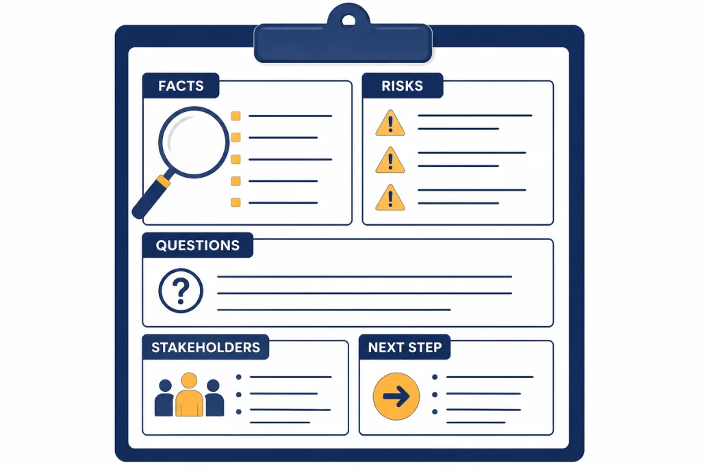 Clipboard account brief with blocks labeled FACTS, RISKS, QUESTIONS, STAKEHOLDERS, and NEXT STEP.