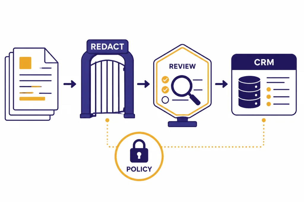 Notes flow through REDACT and REVIEW checkpoints into a CRM card, with a lock labeled POLICY beside it.