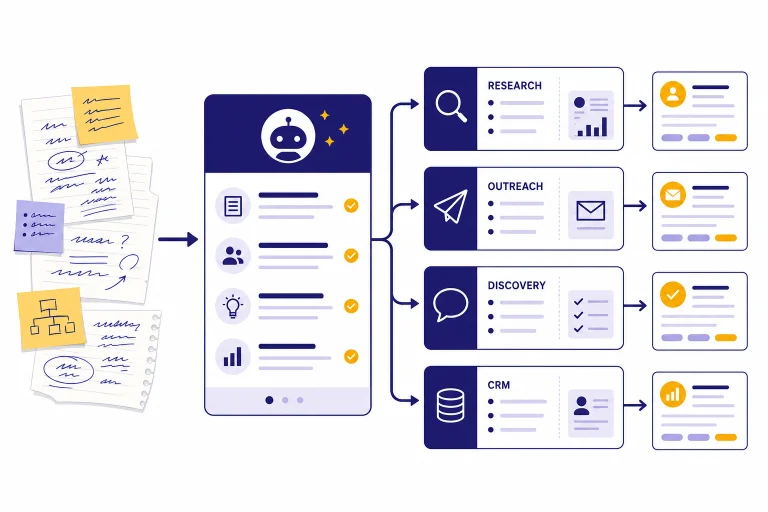 Sales workflow dashboard with cards labeled RESEARCH, OUTREACH, DISCOVERY, and CRM connected to an assistant panel.