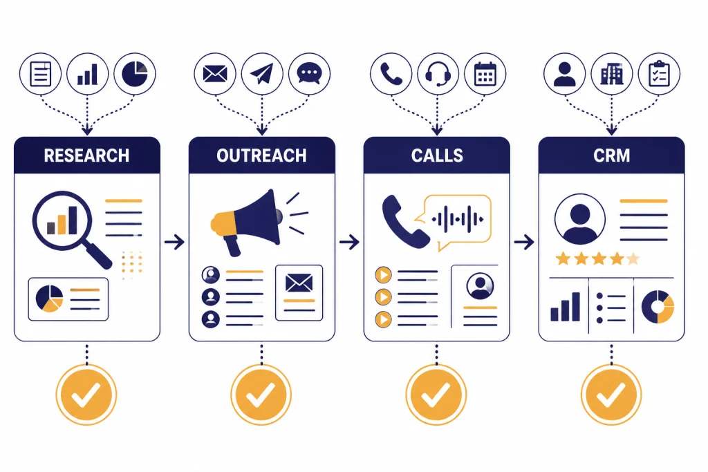 Sales Workflow Fit Map Four workflow cards labeled RESEARCH, OUTREACH, CALLS, and CRM with input icons and review checkmarks.