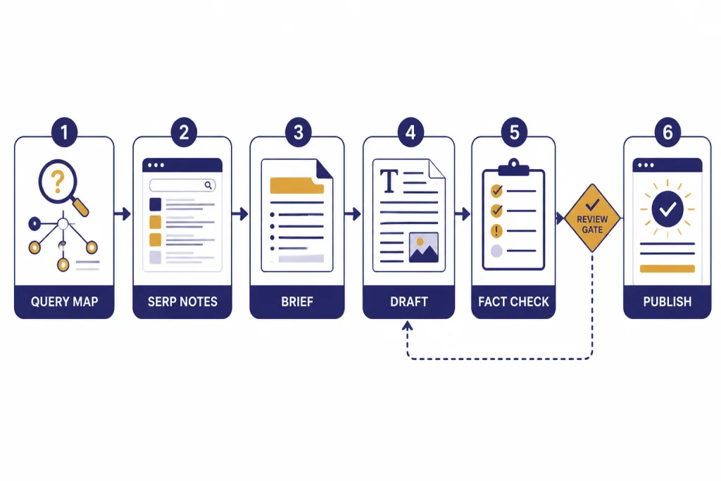 Six-step pipeline labeled QUERY MAP, SERP NOTES, BRIEF, DRAFT, FACT CHECK, and PUBLISH.