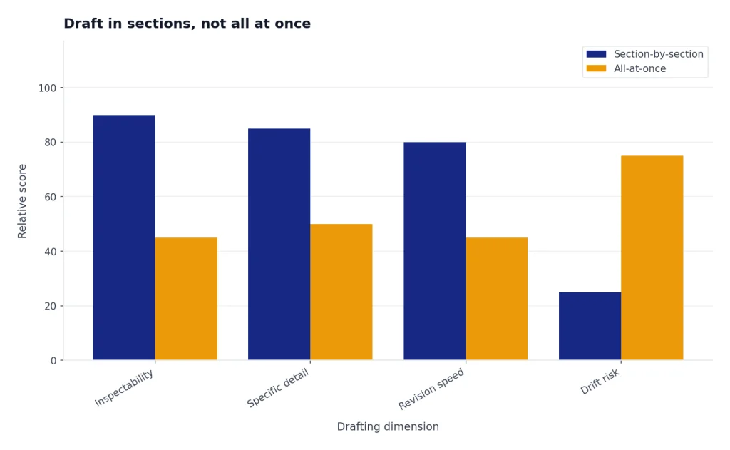Grouped bars compare Section-by-section and All-at-once across Inspectability, Specific detail, Revision speed, Drift risk.