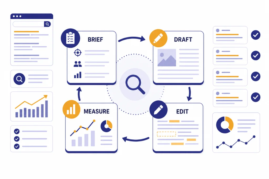 ChatGPT SEO Workflow SEO workflow board with cards labeled BRIEF, DRAFT, EDIT, and MEASURE connected in a loop.