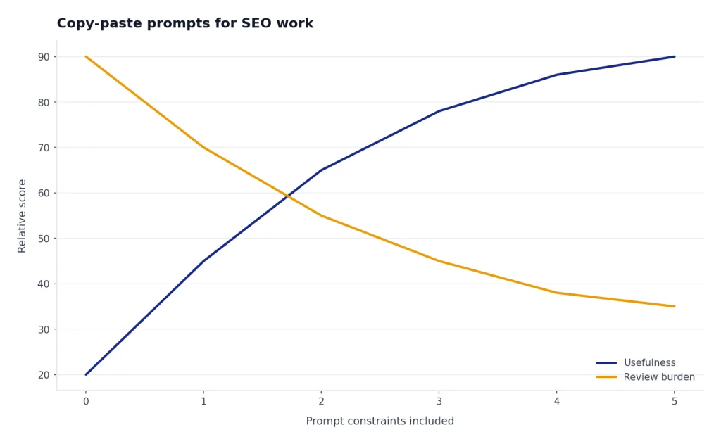 Line chart: usefulness rises and review burden falls as prompt constraints increase from 0 to 5.