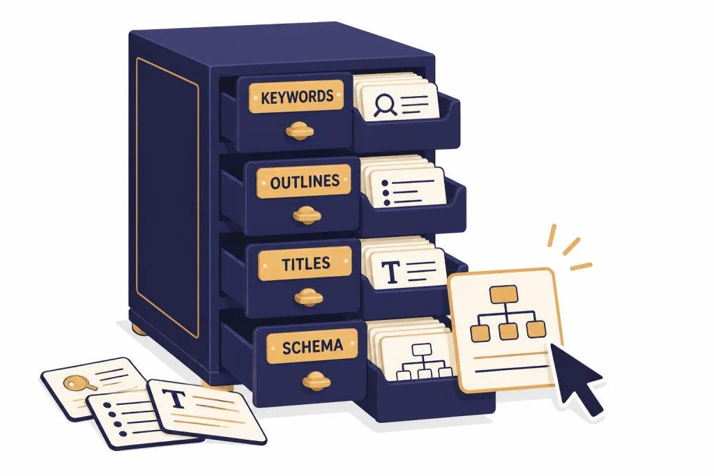 SEO Prompt Library Prompt library cabinet with drawers labeled KEYWORDS, OUTLINES, TITLES, and SCHEMA.