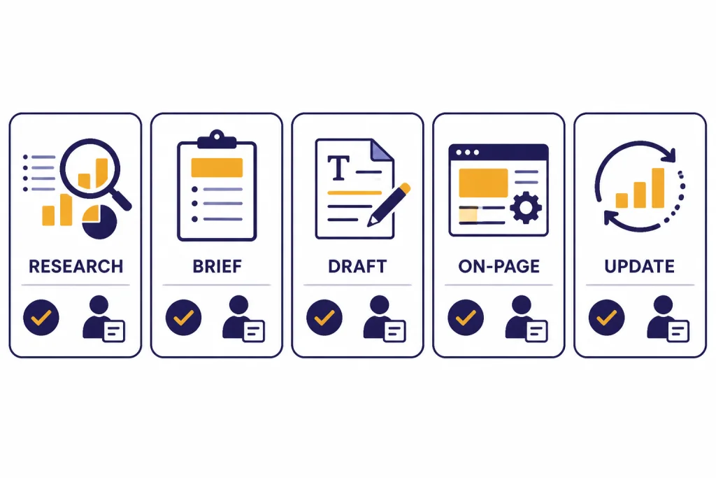 SEO Task Matrix Five SEO task cards labeled RESEARCH, BRIEF, DRAFT, ON-PAGE, and UPDATE with checkmarks.