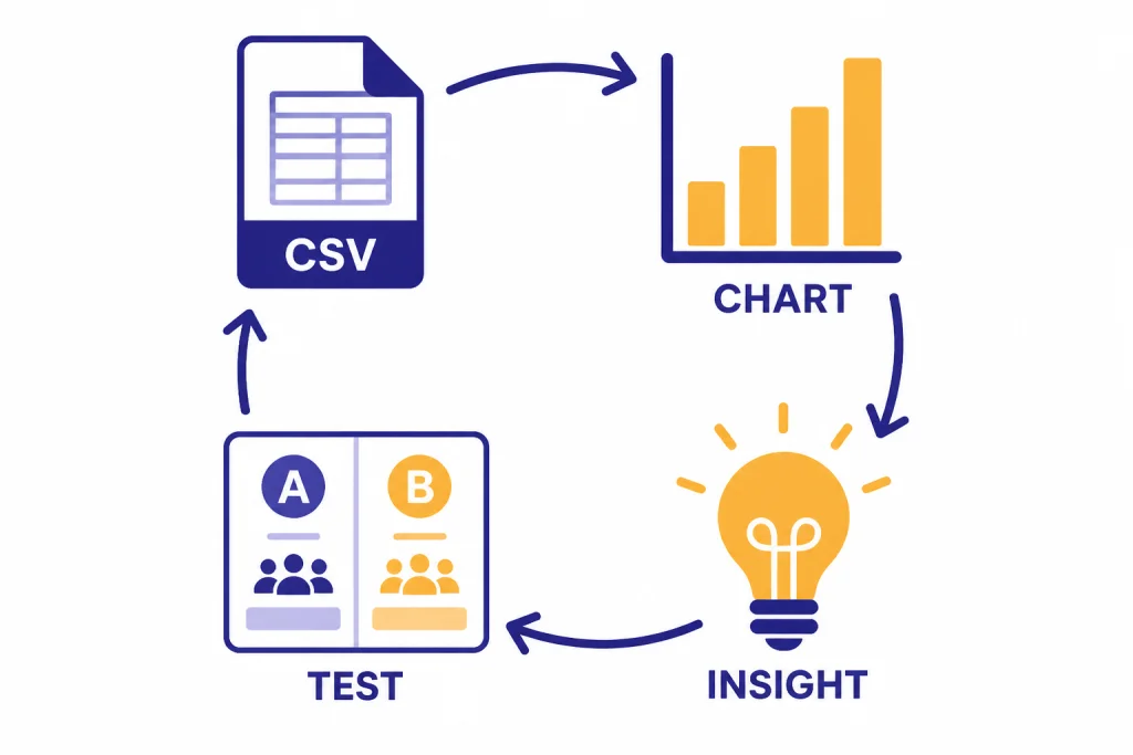 Analytics loop with icons labeled CSV, CHART, INSIGHT, and TEST connected in a circle.