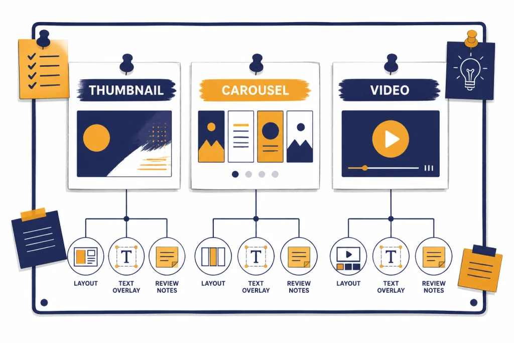 Creative brief board with asset cards labeled THUMBNAIL, CAROUSEL, and VIDEO connected to notes.