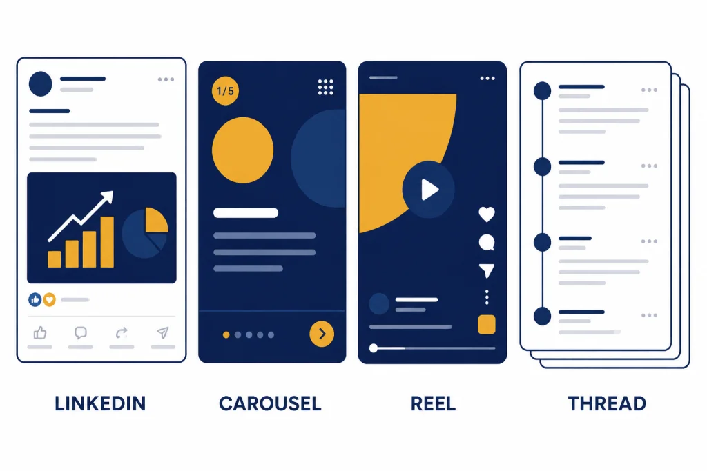 Four content cards labeled LINKEDIN, CAROUSEL, REEL, and THREAD with different post layouts.