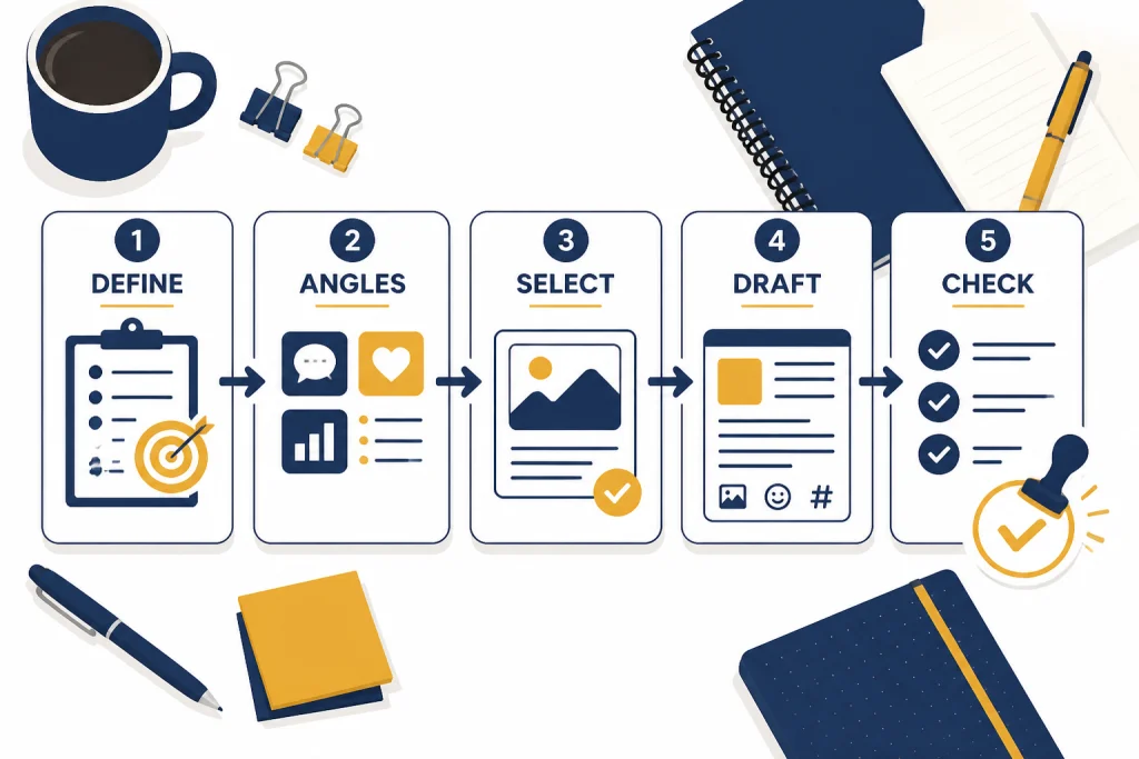 Five connected workflow cards labeled DEFINE, ANGLES, SELECT, DRAFT, and CHECK with approval stamp.