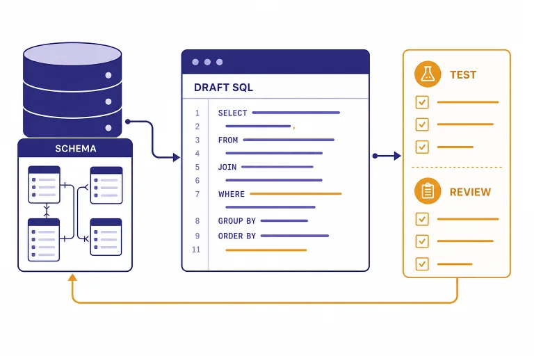 Database cylinder, query editor, and checklist labeled SCHEMA, DRAFT SQL, TEST, and REVIEW.