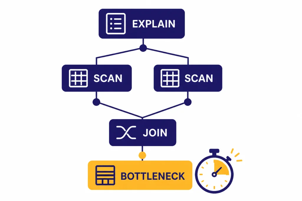 Execution plan tree labeled EXPLAIN, SCAN, JOIN, and BOTTLENECK with one slow node highlighted.