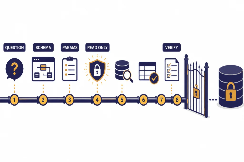 Safe SQL Workflow Safety pipeline labeled QUESTION, SCHEMA, PARAMS, READ ONLY, and VERIFY before a locked database.