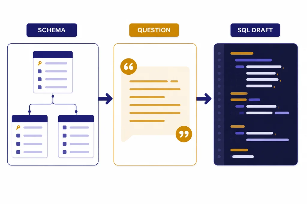 Three connected cards labeled SCHEMA, QUESTION, and SQL DRAFT with abstract code lines.