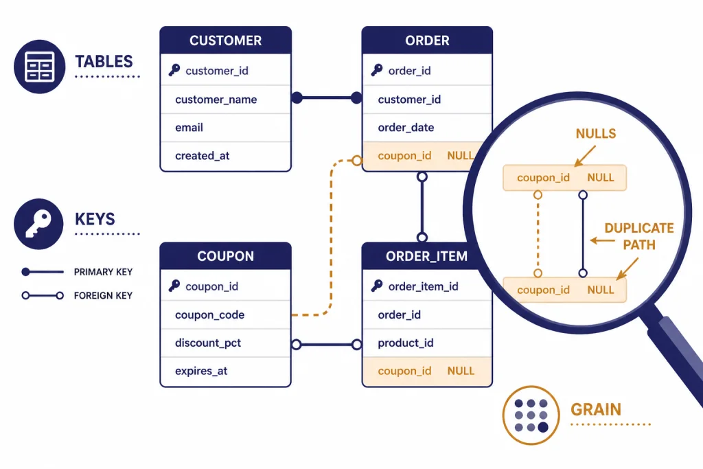 Entity relationship diagram labeled TABLES, KEYS, NULLS, and GRAIN with a review magnifier.