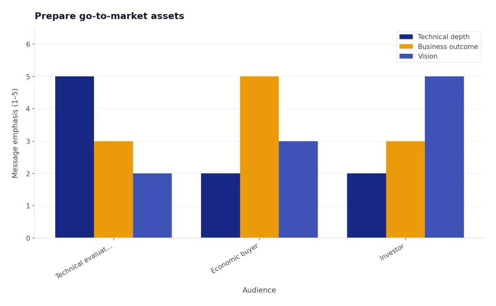 Grouped bars for Technical evaluator, Economic buyer, Investor across Technical depth, Business outcome, Vision.