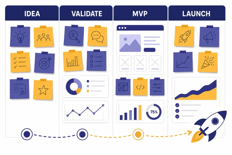 Startup workflow board labeled IDEA, VALIDATE, MVP, and LAUNCH with notes, charts, and prototype cards.