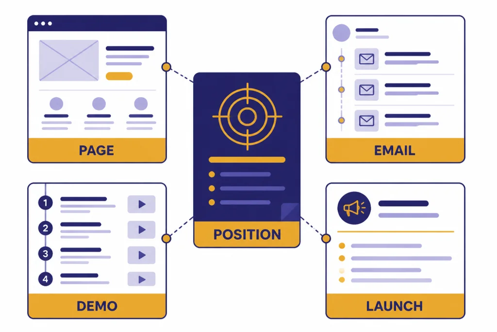 Go-to-market stack with POSITION card connected to PAGE, EMAIL, DEMO, and LAUNCH cards.