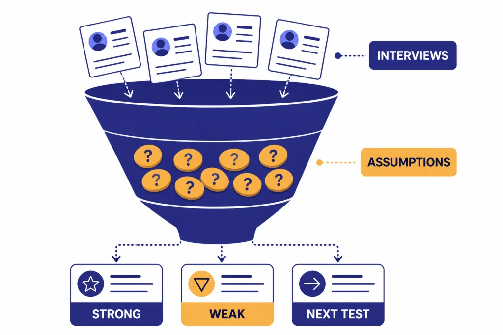 Idea Validation Funnel Validation funnel with ASSUMPTIONS and INTERVIEWS leading to STRONG, WEAK, and NEXT TEST cards.