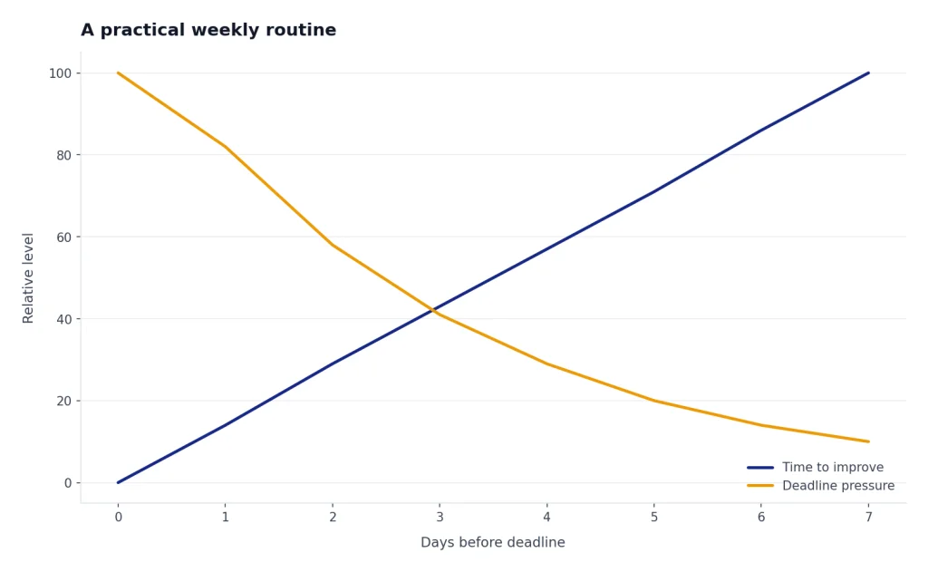 Line chart: time to improve rises from 0 to 100 while deadline pressure falls from 100 to 10 over 0 to 7 days.