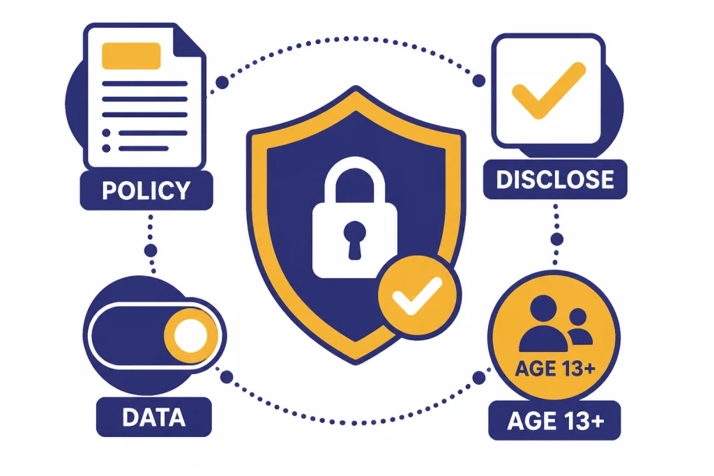 Integrity checklist with shield and labels POLICY, DISCLOSE, DATA, and AGE 13+.