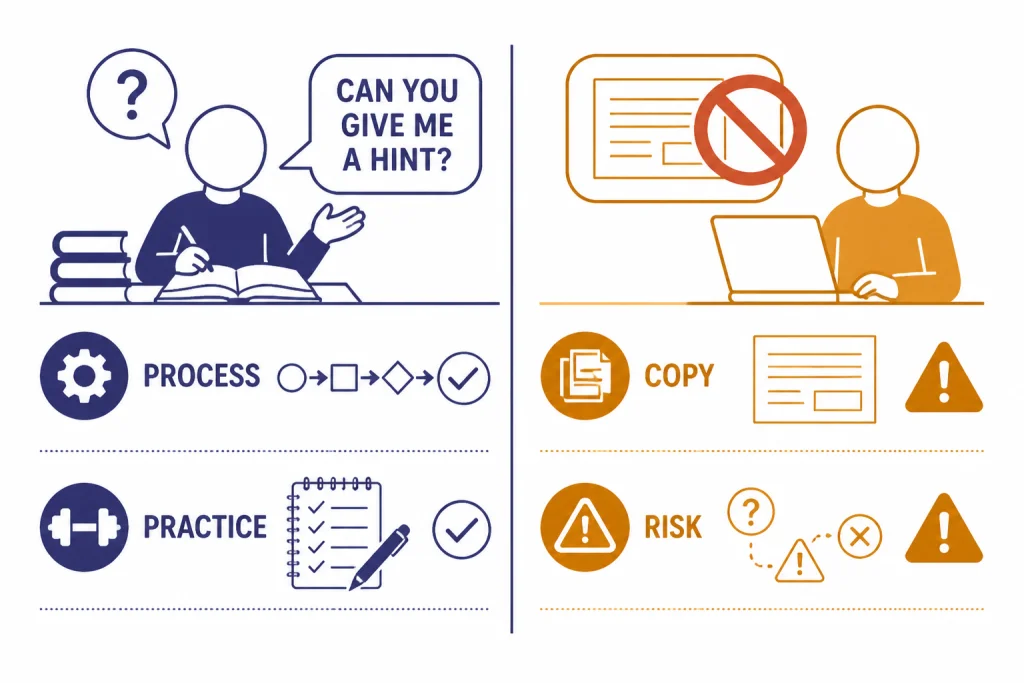 Split board contrasting PROCESS and PRACTICE with COPY and RISK shortcut warnings.