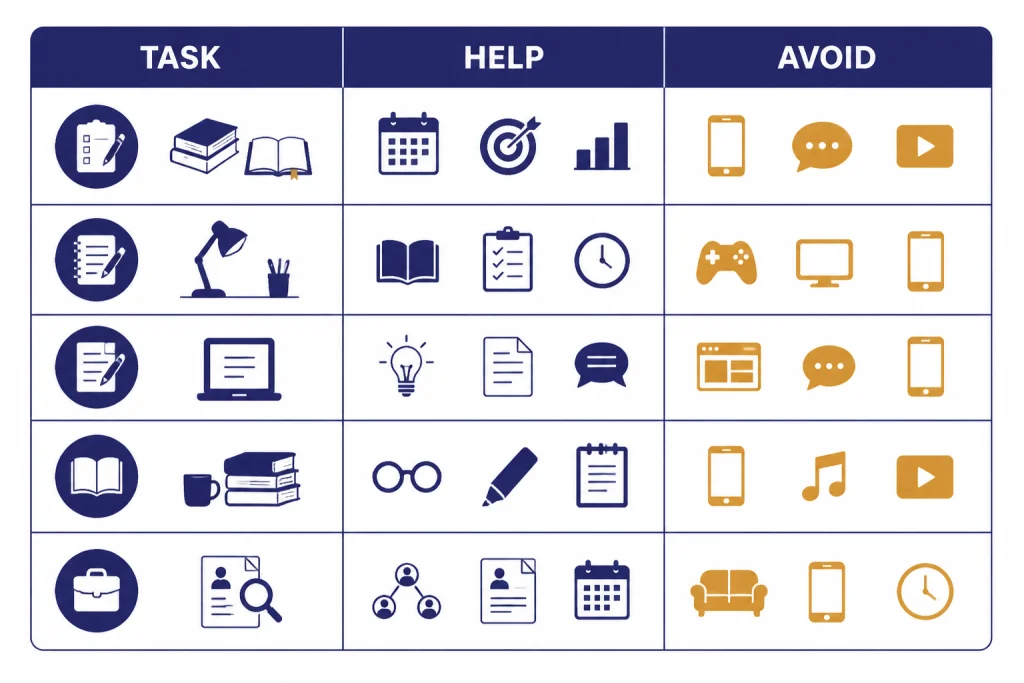 Workflow matrix with columns labeled TASK, HELP, and AVOID for student study tasks.