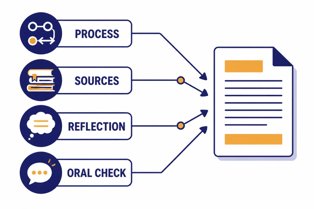 Assignment map with checkpoints labeled PROCESS, SOURCES, REFLECTION, and ORAL CHECK feeding into an essay.