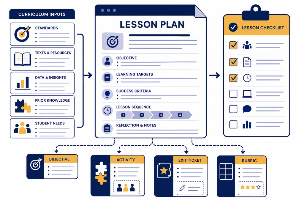 Teacher Lesson Planning Dashboard Lesson planning dashboard with cards labeled OBJECTIVE, ACTIVITY, RUBRIC, and EXIT TICKET flowing into a document.